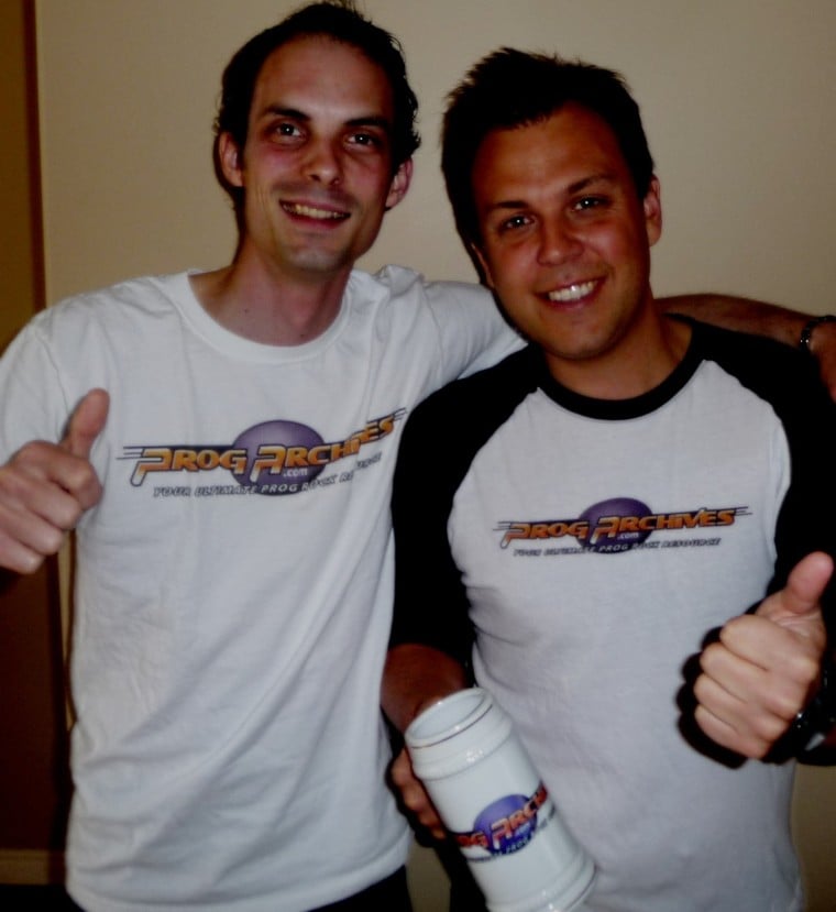 Graphix (Philippe Gratton) and M@X (Maxime Roy) wearing the classic Progarchives.com T-Shirts